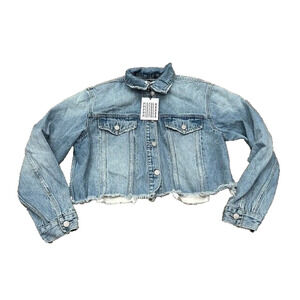 NWT Pistola Denim Cropped Trucker Jacket Raw Hem Button Up Medium Wash‎ Small